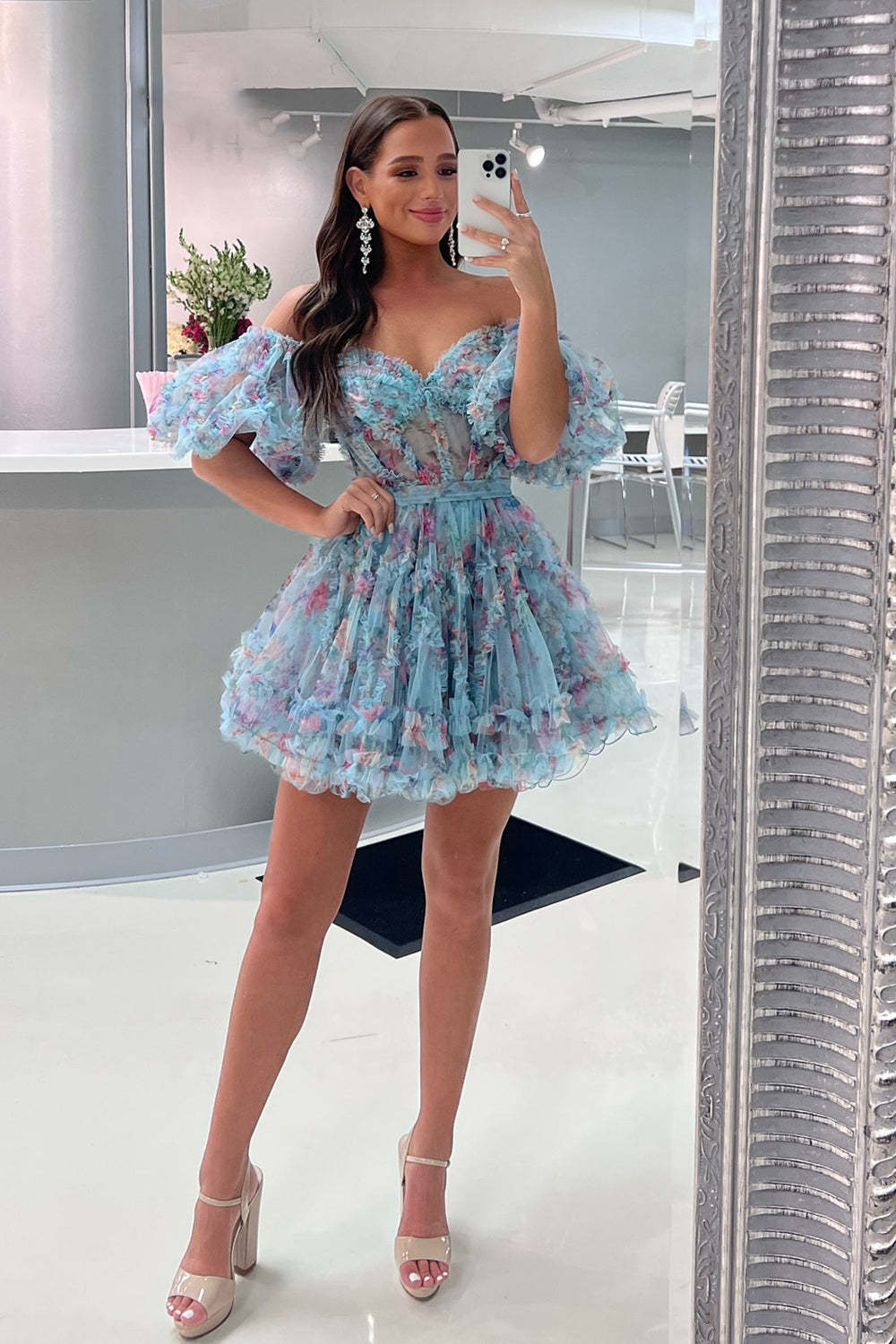 A-Line Off The Shoulder Pink Corset Floral Short Homecoming Dress