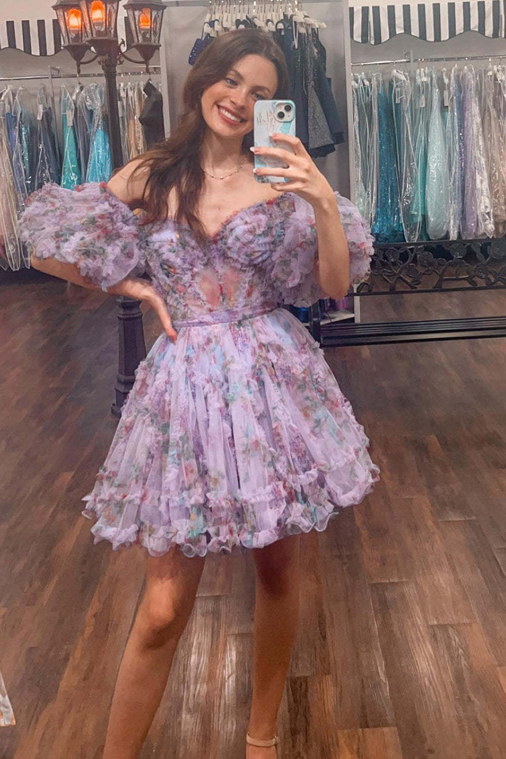 A-Line Off The Shoulder Pink Corset Floral Short Homecoming Dress