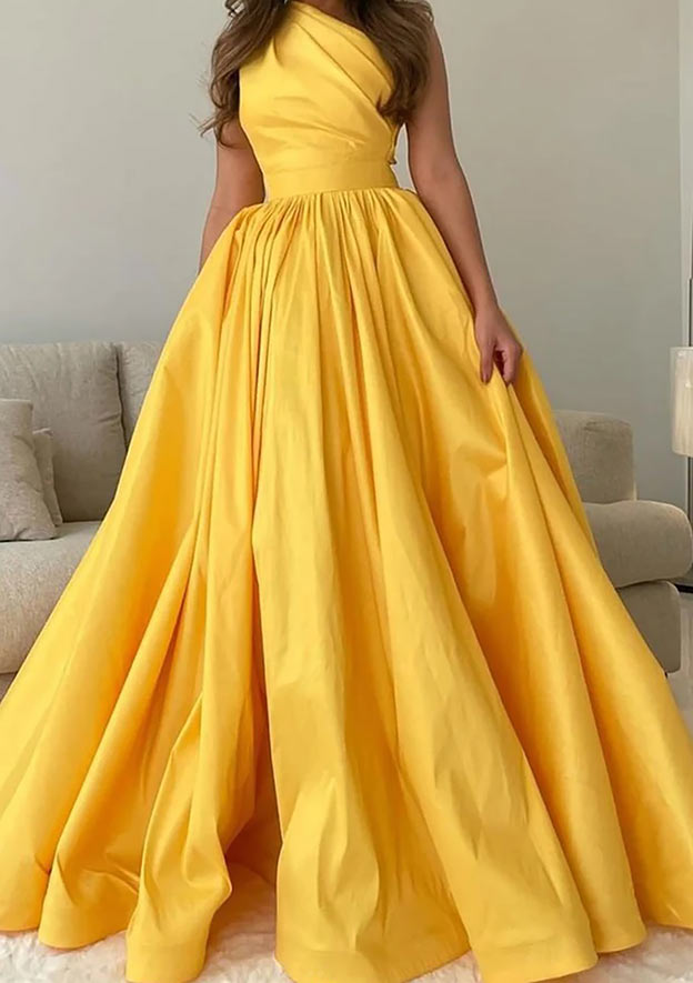 A-line One-Shoulder Sleeveless Sweep Train Satin Prom Dress with Pleated Detail-Yesbabyonline