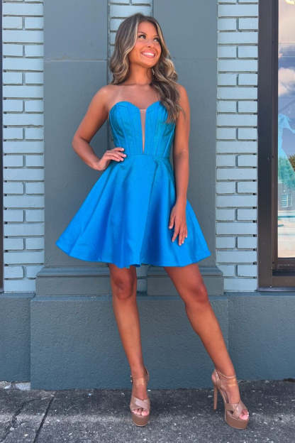 A-Line Royal Blue Strapless Corset Short Homecoming Dress with Sleeves