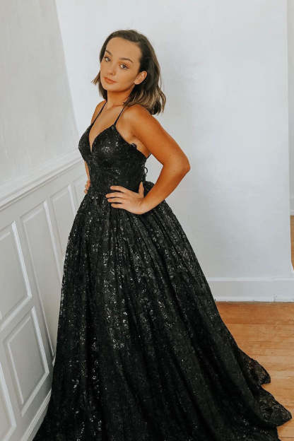 A-Line Spaghetti Straps Black Sequin Long Prom Dress