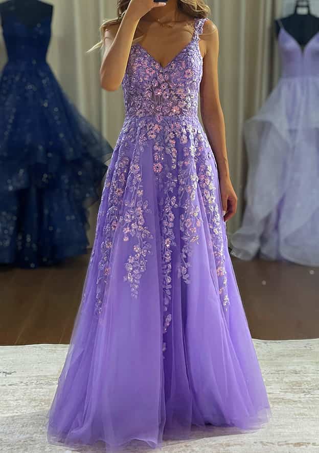 A-line V Neck Sleeveless Tulle Prom Dress with Appliqued Beading - Long/Floor-Length-Yesbabyonline