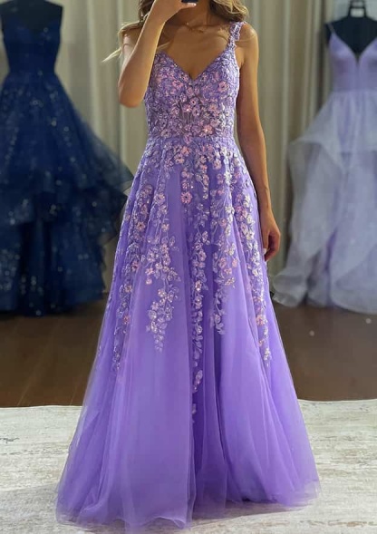 A-line V Neck Sleeveless Tulle Prom Dress with Appliqued Beading - Long/Floor-Length-Yesbabyonline