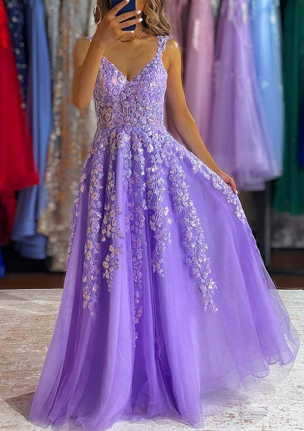 A-line V Neck Sleeveless Tulle Prom Dress with Appliqued Beading - Long/Floor-Length-Yesbabyonline