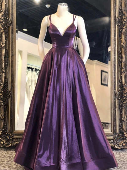 A-line V Neck Spaghetti Straps Satin Long Prom Formal Graduation Evening Dresses-Yesbabyonline