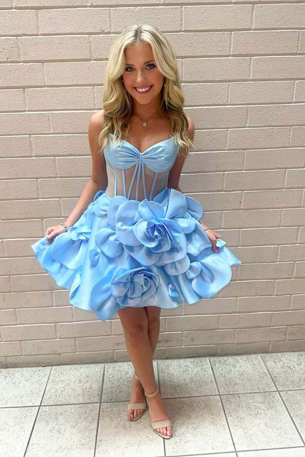 A Line Yellow Corset Short Homecoming Dress With 3D Flowers