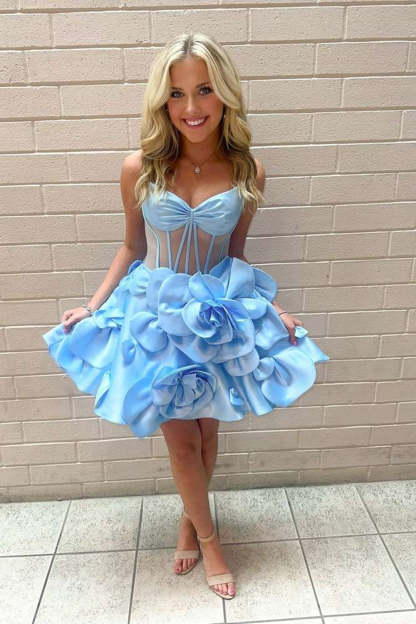 A Line Yellow Corset Short Homecoming Dress With 3D Flowers