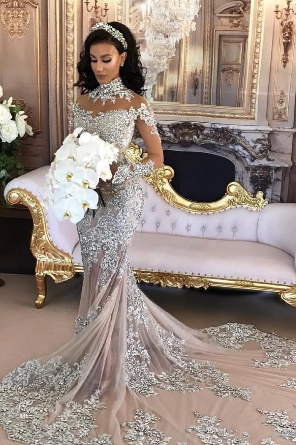 Long Sleeves Mermaid High Neck Lace Tulle Wedding Dresses - YESBABYONLINE