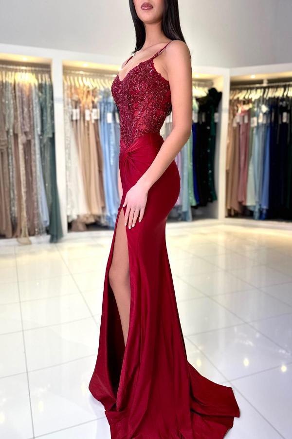Classic Burgundy Long Mermaid V-Neck Spaghetti Straps Sleeveless Prom Dresses with Split - YESBABYONLINE