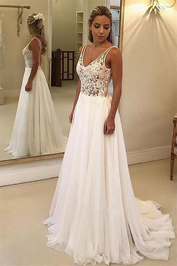 Long Straps V Neck A Line Lace Backless Sleeveless Wedding Dress - YESBABYONLINE