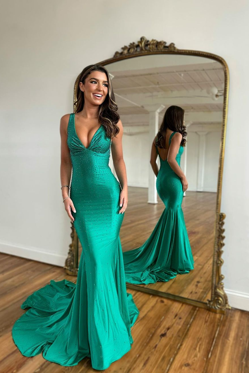 Chic Long V-Neck Sleeveless Backless Satin Mermaid Prom dresses - YESBABYONLINE