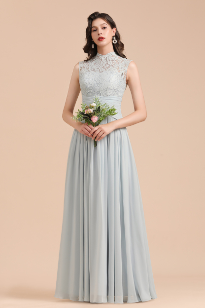 Long A-line High Neck Chiffon Lace Floor Length Bridesmaid Dresses - YESBABYONLINE