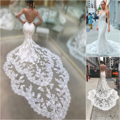 Stunning Long Spaghetti Straps Appliques Lace Mermaid Backless Wedding Dress With Train - YESBABYONLINE