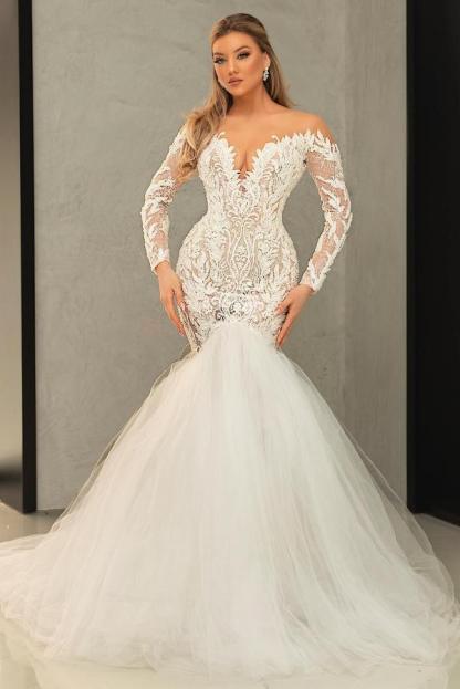 Sexy Sweetheart Long Sleeves Tulle Mermaid Wedding Dresses With Lace Appliques - YESBABYONLINE