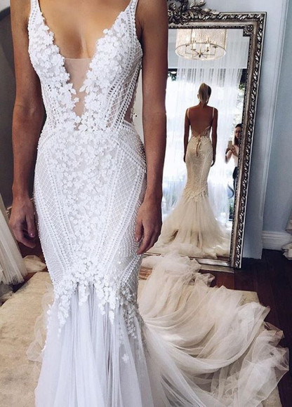 Glamorous Long Mermaid V-Neck Open Back Tulle Appliques Lace Wedding Dress - YESBABYONLINE