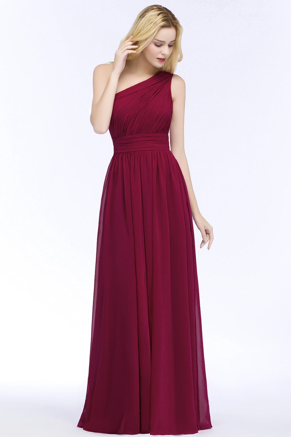 Burgundy Long A Line One Shoulder Chiffon Bridesmaid Dresses - YESBABYONLINE