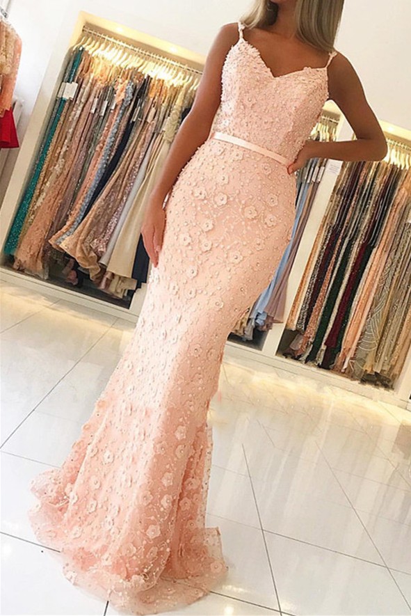 Elegant Long Mermaid Satin Spaghetti Straps Lace Backless Prom Dress - YESBABYONLINE