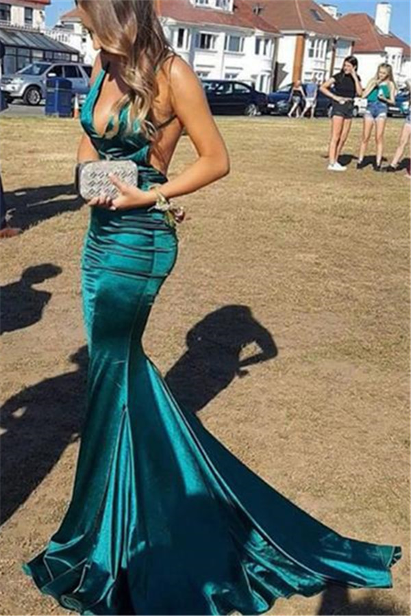 Elegant Long Mermaid Spaghetti Straps V-Neck Backless Sleeveless Floor-Length Prom Dresses - YESBABYONLINE