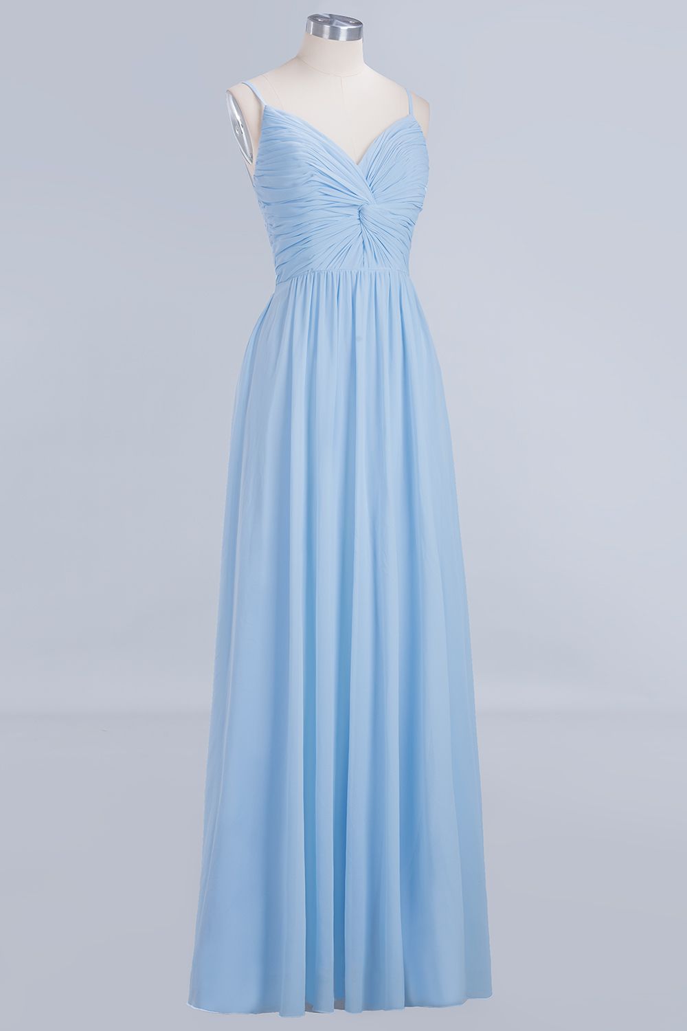 Sky Blue Long A-Line V-Neck Spaghetti Straps Floor-Length Chiffon Bridesmaid Dresses - YESBABYONLINE