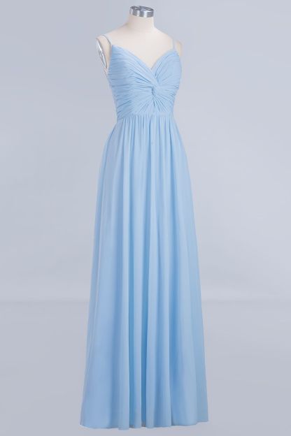 Sky Blue Long A-Line V-Neck Spaghetti Straps Floor-Length Chiffon Bridesmaid Dresses - YESBABYONLINE