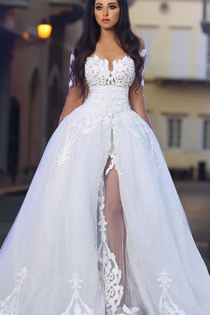 Glamorous White Long A-line Tulle Appliques Lace Wedding Dresses with Sleeves - YESBABYONLINE