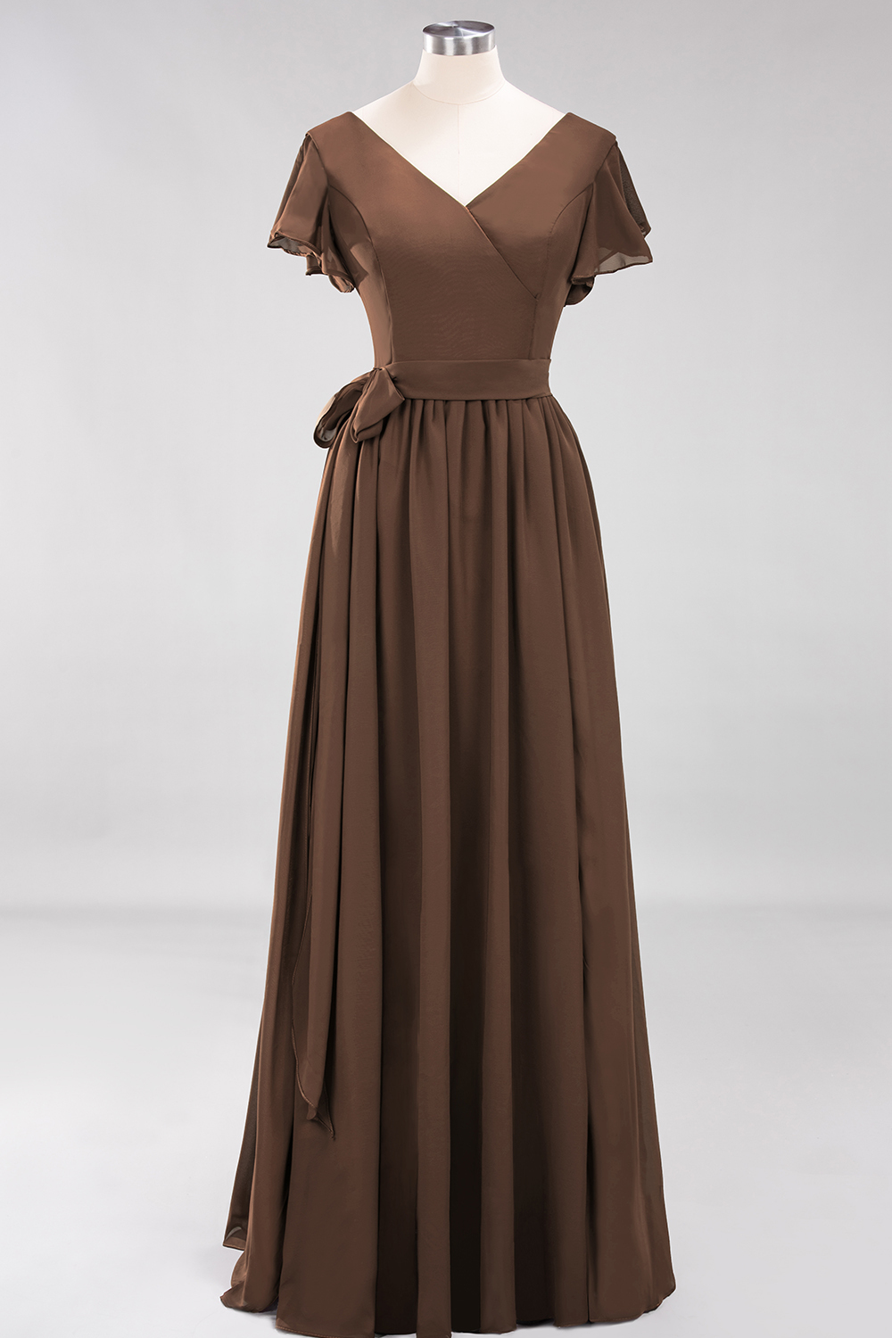 Elegant A-line V-Neck Short Sleeves Floor-Length Bridesmaid Dresses with Bow Sash - YESBABYONLINE