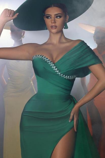 Fabulous Long One-Shoulder Satin Floor Length Mermaid Prom Dresses with Split - YESBABYONLINE