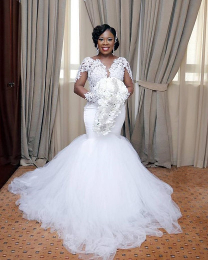Long Mermaid Sweetheart Lace Tulle Wedding Dresses with Sleeves - YESBABYONLINE