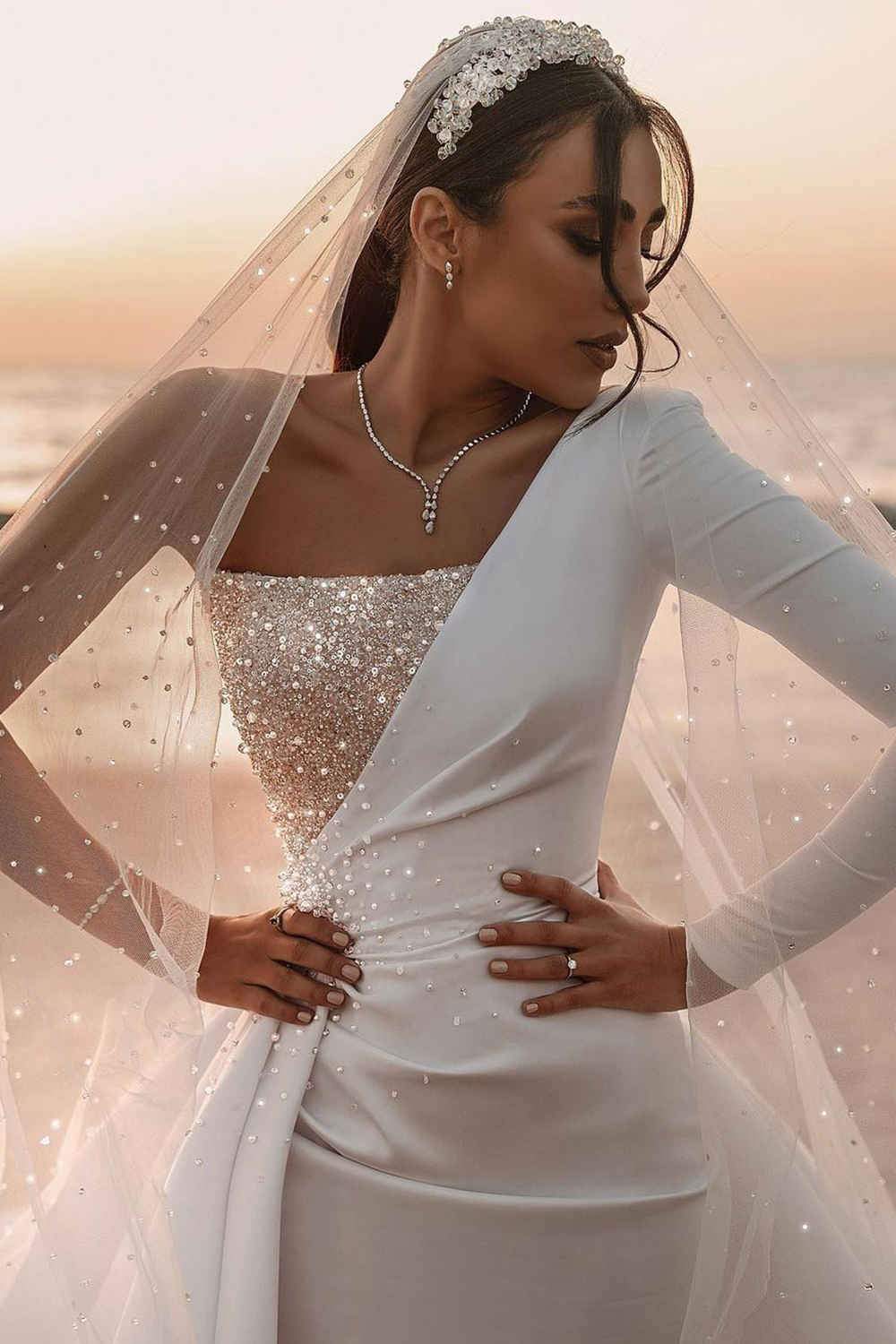 Long Mermiad One Shoulder Ruffle Satin Seqiuns Wedding Dresses with Sleeves - YESBABYONLINE