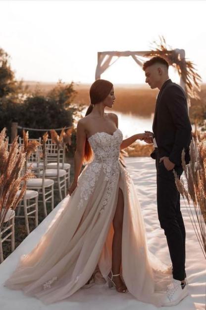Fabulous Long A Line Strapless Lace Tulle Front Slit Wedding Dress with Appliques - YESBABYONLINE