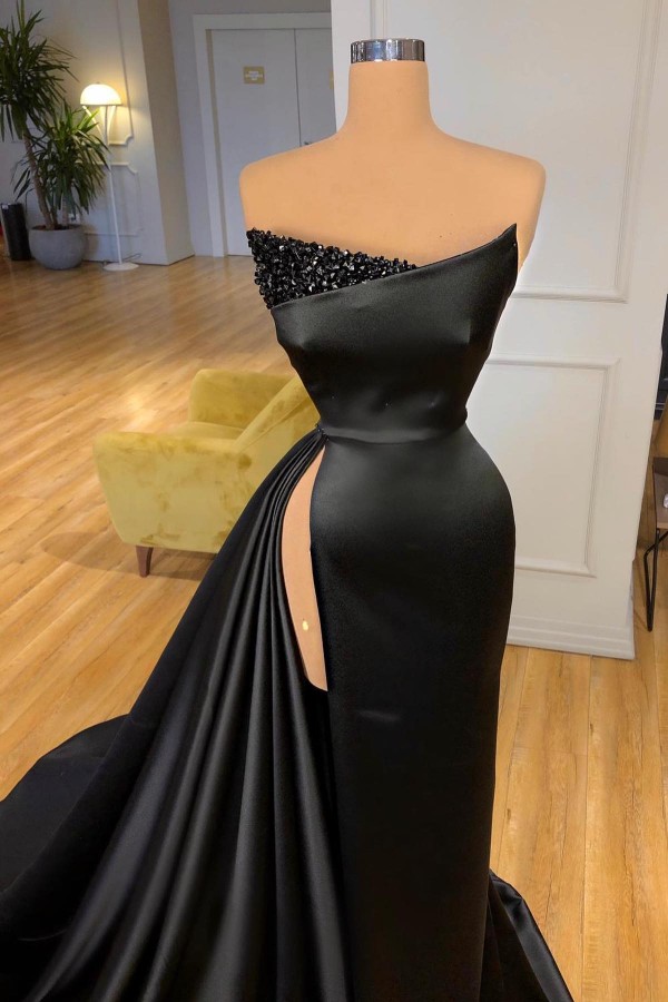 Black Long Mermaid Strapless Front Slit Satin Prom Dress with Ruffles - YESBABYONLINE