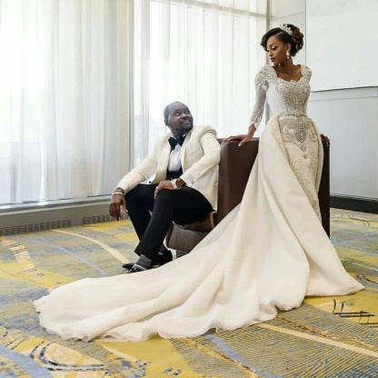Luxury Mermaid Tulle Lace Appliques Wedding Dresses with Sleeves - YESBABYONLINE