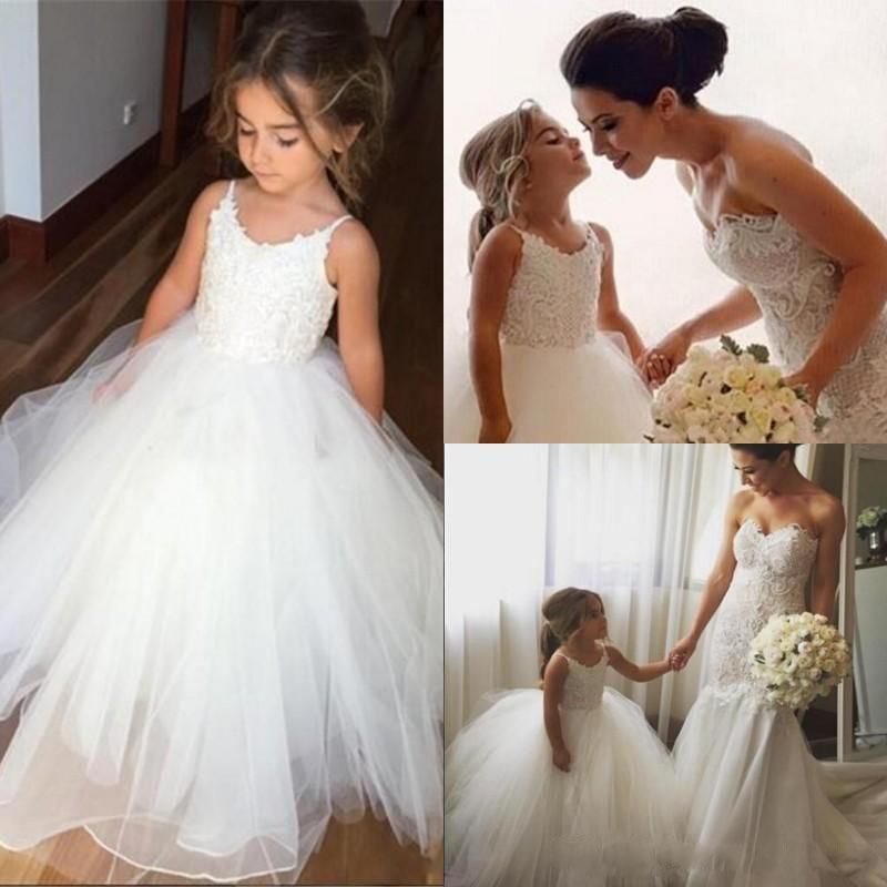 White Long A-line Spaghetti Straps Tulle Lace Flower Girl Dresses - YESBABYONLINE