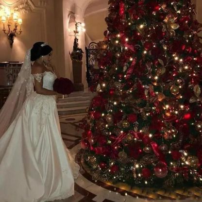 Long Mermaid Off-the-Shoulder Satin Appliques Lace Wedding Dress with Detachable Train - YESBABYONLINE