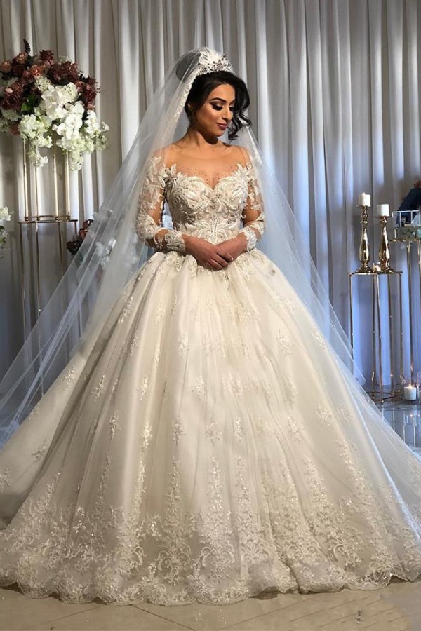 Long Sweetheart Ball Gown Tulle Lace Wedding Dresses with Sleeves - YESBABYONLINE