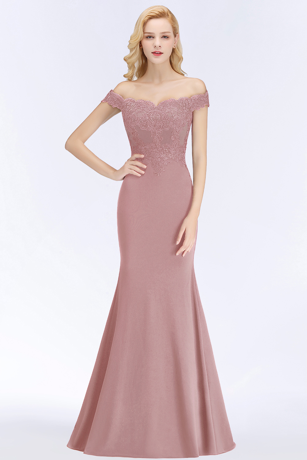 Elegant Long Mermaid Off The Shoulder Satin Appliques Lace Floor Length Bridesmaid Dresses - YESBABYONLINE