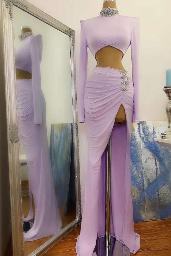 Sexy Two Piece Long Sleeves Mermaid High Neck Satin Prom Dress with Slit - YESBABYONLINE