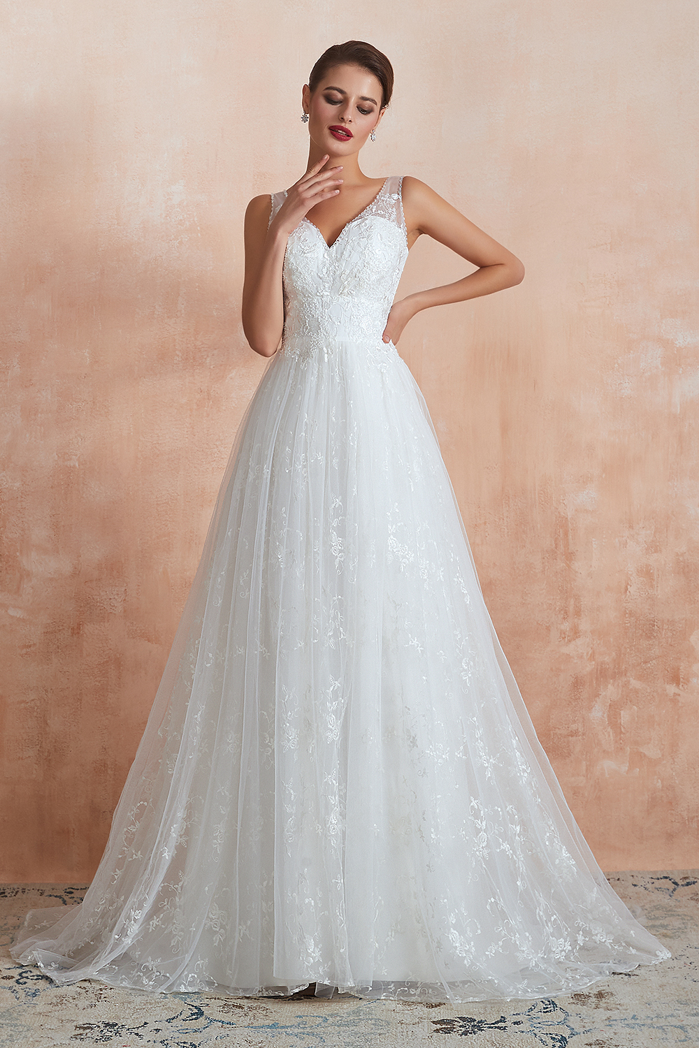 Long A-line V-neck Tulle Lace Floor Length Sleeveless Wedding Dresses - YESBABYONLINE