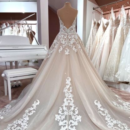 Long A-line V-neck Lace Tulle Floor Length Backless Wedding Dresses - YESBABYONLINE
