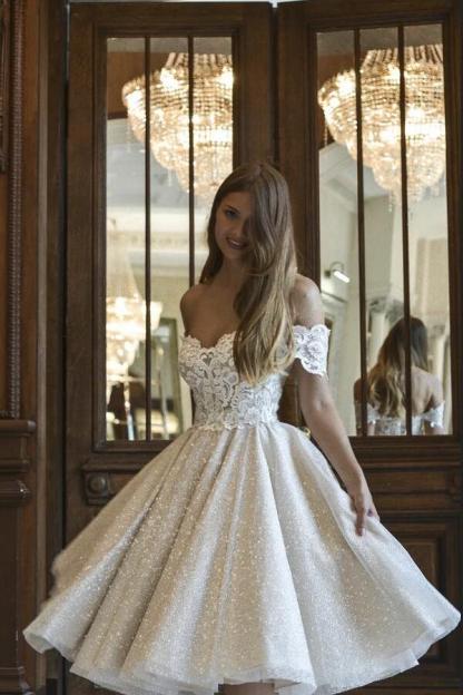 Classy Short Off the Shoulder Lace Sequins A-Line Tea-length Ruffles Wedding Dress - YESBABYONLINE