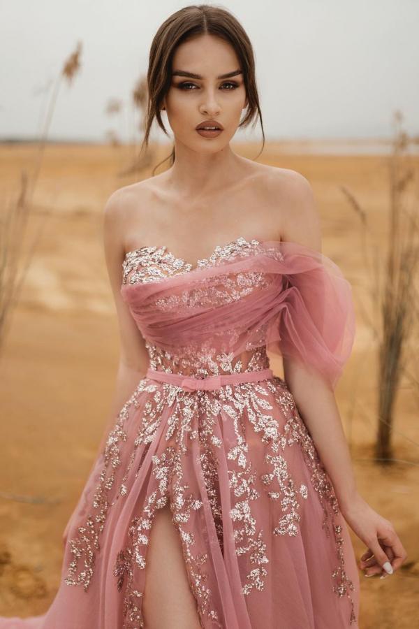Long Sweetheart Tulle Appliques Lace Floor Length Prom Dress With Side Slit - YESBABYONLINE