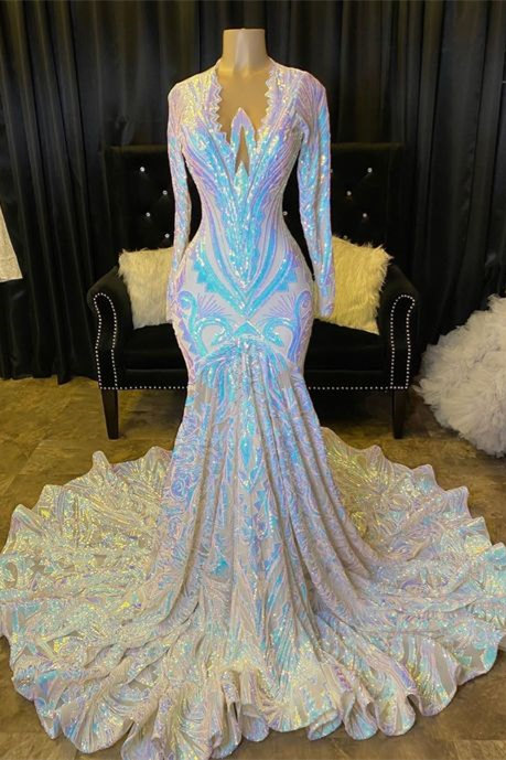 Shiny V-neck Long Sleeves Sequins Ruffles Floor-length Mermaid Prom Dress - YESBABYONLINE