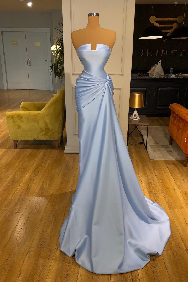 Charming Sky Blue Long Mermaid Strapless Satin Formal Prom Dress - YESBABYONLINE