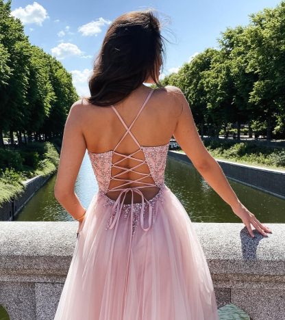 Elegant Long Spaghetti Straps V-Neck Tulle A-line Prom Dress With Lace-up Back - YESBABYONLINE