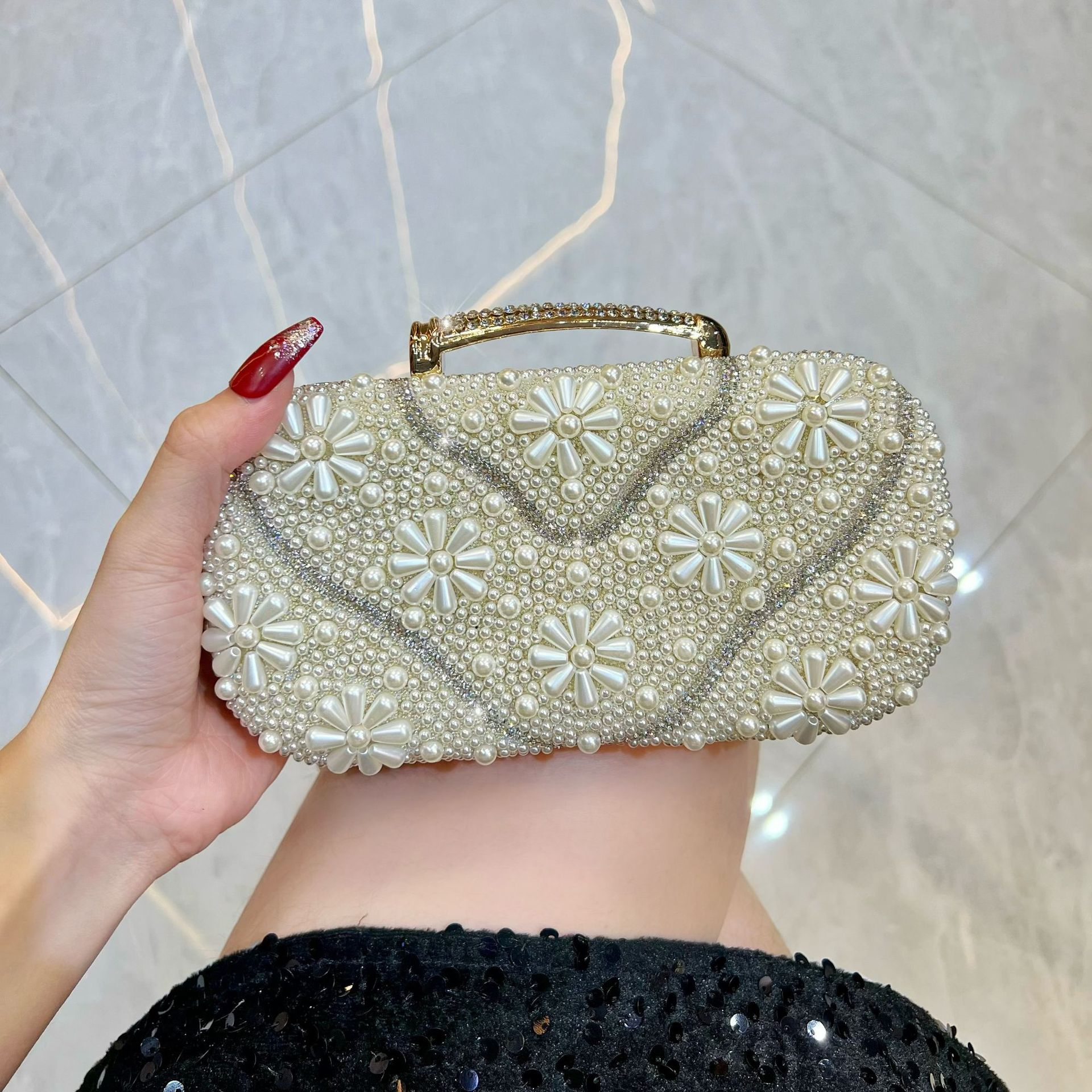 Classic Pearled Floral Clutch Bag