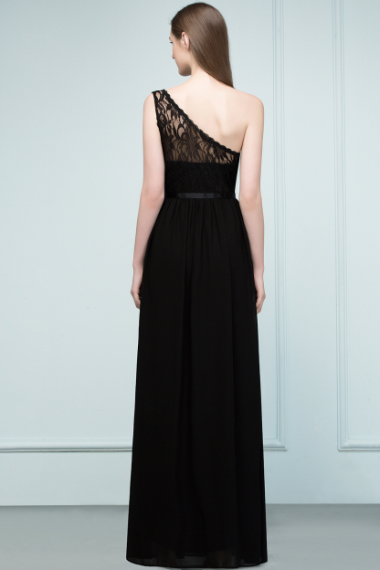 Long A Line One shoulder Floor Length Lace Chiffon Bridesmaid Dress - YESBABYONLINE
