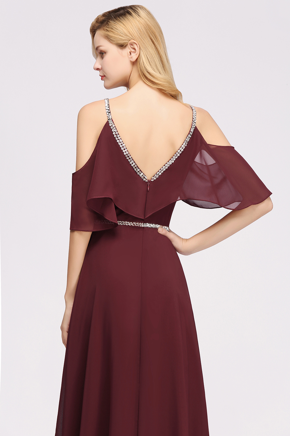 Elegant A-line V-Neck Spaghetti Straps Sleeveless Floor-Length Bridesmaid Dresses with Beading Sash - YESBABYONLINE