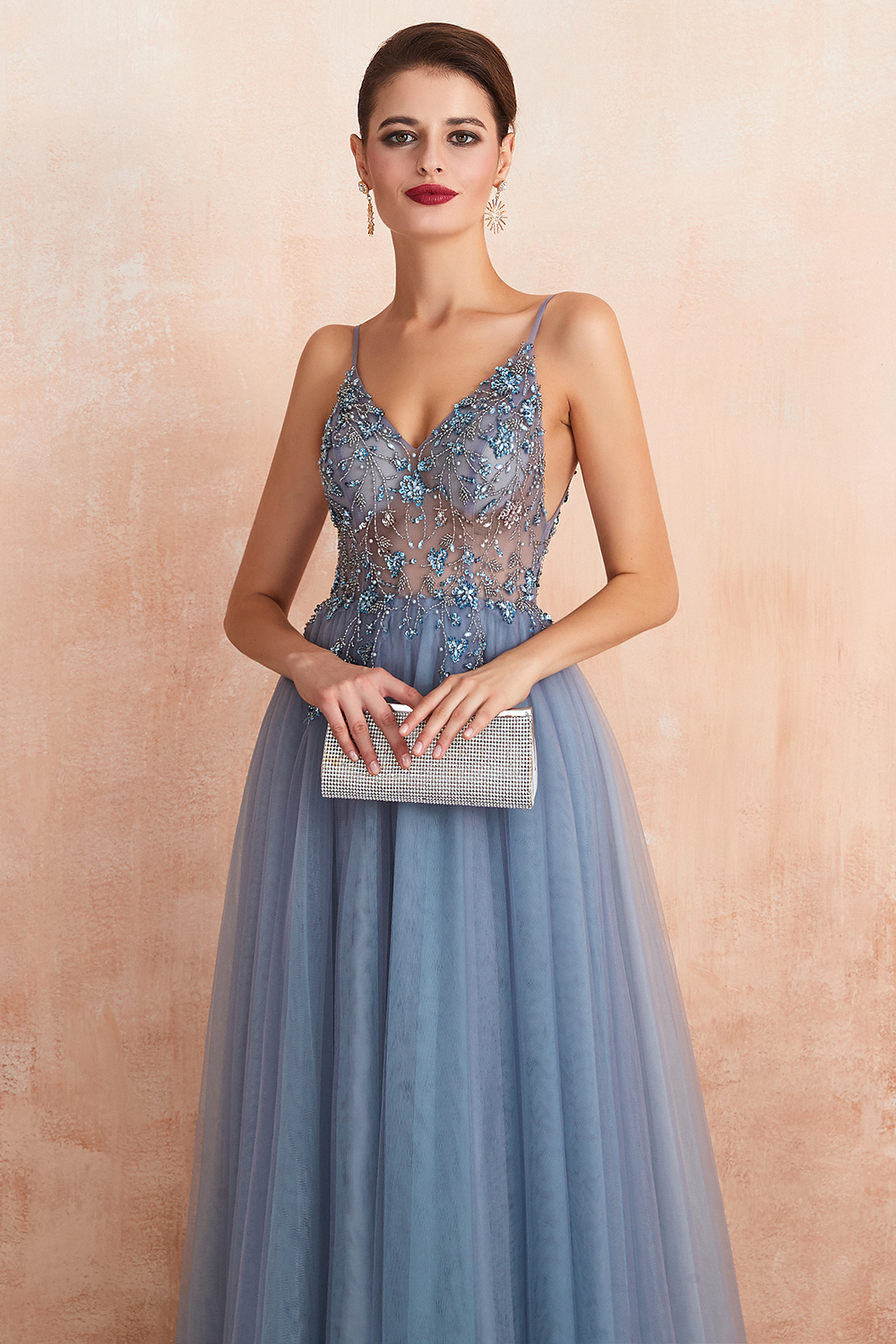Long A-line Spaghetti Straps V-neck Tulle Backless Prom Dresses with Side Slit - YESBABYONLINE