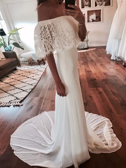 Chic Long A-line Off-the-Shoulder Chiffon Lace Wedding Dresses - YESBABYONLINE