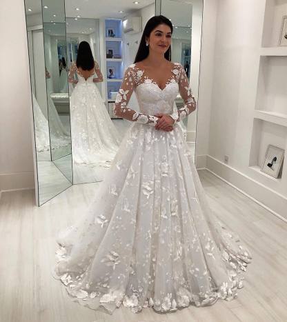 Gorgeous Long A-line V-Neck Applique Lace Tulle Wedding Dresses with Sleeves - YESBABYONLINE